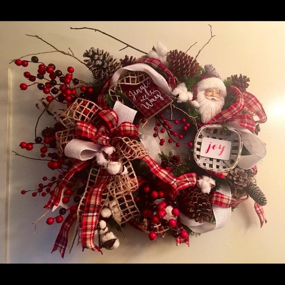 New Floral Rustic Designer Farmhouse Plaid Pinecone Christmas Door Wall Wreath